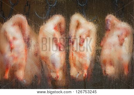 Roasted Peking ducks hung in an oven at a Chinese restaurant in Yokohama Chinatown
