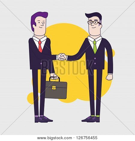 Businessmen shaking hands. Two businessmen have business agreement. Successful negotiation of business. Linear flat illustration