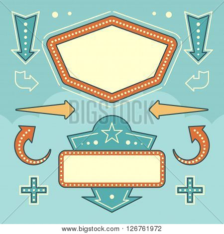 Retro American 1950s Sign Design Elements Set. Billboard Signage Light Bulbs, Frames, Arrows, Icons, Neon Lamps. For advertising, Poster Retro Sign. Vector Illustration.