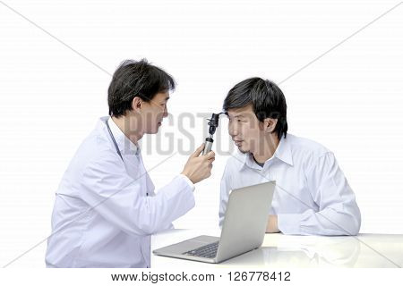 asian ophthalmologist using ophthalmoscope while examining male patient. optometry concept isolated on white background.