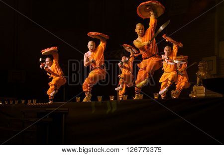 BRNO, CZECH REPUBLIC-APRIL 11,2016: Show The Mystical Powers of The Shaolin Monks of China on April 11 ,2016 in City Hall Vodova in  Brno in Czech Republic