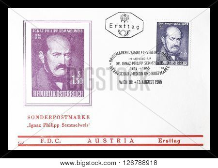AUSTRIA - CIRCA 1965 : Cancelled First Day Cover letter printed by Austria, that shows Ignaz Philipp Semmelweis.