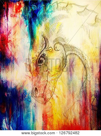 pencil drawing dragon and Color Abstract background