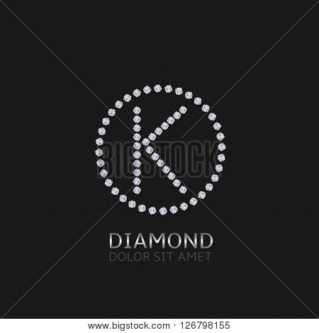 K Letter with diamonds. Expensive, presious symbol. Luxury logo