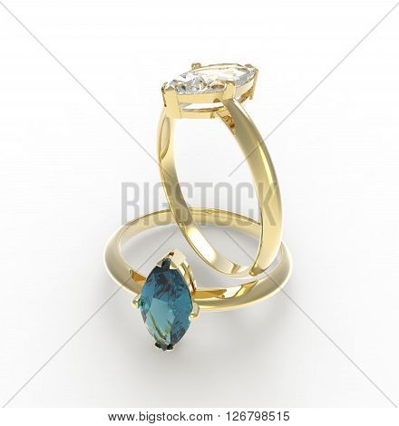 Golden wedding rings with diamonds.. Fashion jewelry. 3d digitally rendered illustration