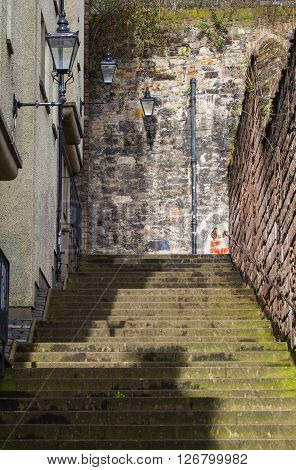 The steps of Castle Wynd North in the old town area of Edinburgh Scotland.