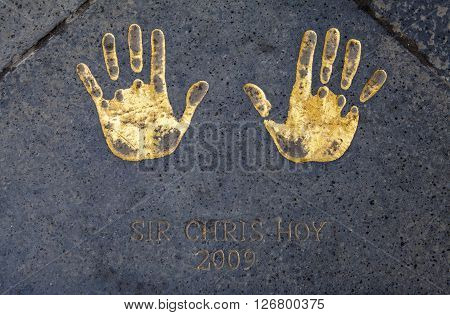 EDINBURGH SCOTLAND - MARCH 9TH 2016: The hand-print of famous Olympian and Scottish legend Sir Chris Hoy at the City Chambers in Edinburgh Scotland, on 9th March 2016.