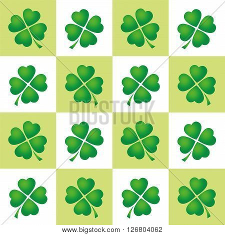 Shamrock tiles pattern - four leaved clovers on green and white square background.