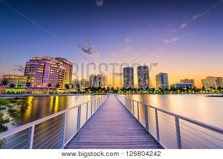 West Palm Beach, Florida, USA downtown skyline on the intracoastal waterway.