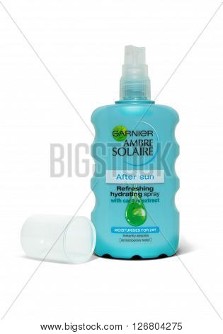 CHISINAU MOLDOVA - MARCH 01 2015 : Garnier Refreshing hydrating spray after sun with cactus extract. An open bottle. With clipping path
