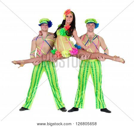 Dancer team wearing a folk ukrainian costumes dancing.  Isolated on white background in full length.
