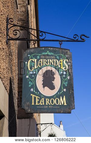 EDINBURGH SCOTLAND - MARCH 8TH 2016: The sign for Clarindas Tea Room in Edinburgh on 8th March 2016. The name derives from Clarinda who was a love interest of Robert Burns.