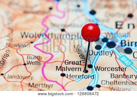 Malvern pinned on a map of UK
