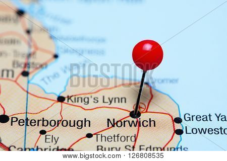 Norwich pinned on a map of UK