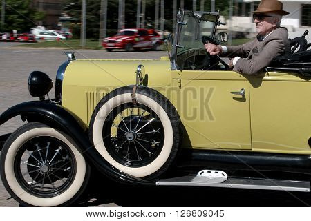 US car Ford Model A Roadster is exposed to retro parade in the town of Sliven, Bulgaria, April 16.2016