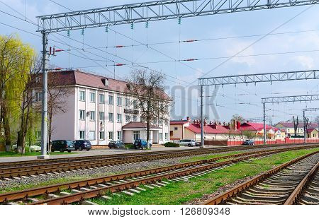 GOMEL BELARUS - APRIL 14 2016: Building of Gomel distance path of the Belorussian Railway on the Street Shosseynaya 3 Gomel Belarus
