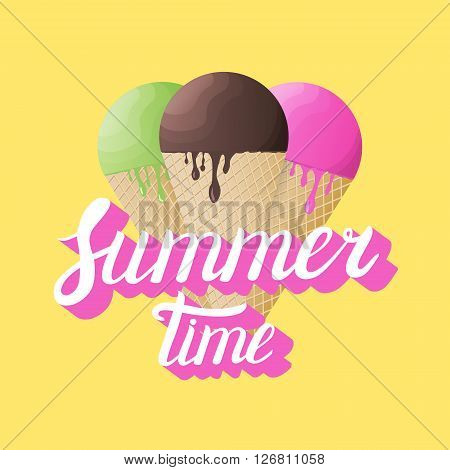 Summer Time calligraphy with realistic ice cream on yellow background. Vector Illustration.