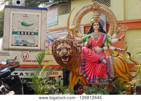HYDERABAD,INDIA-APRIL 22: closeup of Hindu Goddess Durga in a temporary temple out doors on Hanuman jayanti celebration and procession April 22,2016 in Hyderabad,India