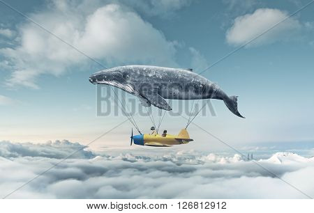 Creative consept of two girls flying a plane .