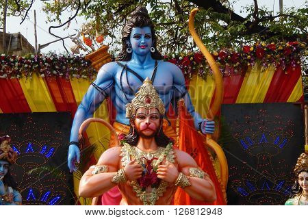 HYDERABAD,INDIA-APRIL 22:View of Hindu gods Hanuman and Rama in a temporary pandal during Hanuman Jayanti festival procession on April 22,2016 in Hyderabad,India