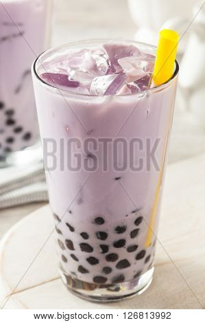 Homemade Taro Milk Bubble Tea With Tapioca