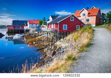 Henningsvaer, Norway - July 21, 2011 - View To Typical Village With Wooden Houses In Henningsvaer, L