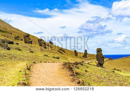 Moai at the Quarry Rano Raraku in Rapa Nui National Park Chile