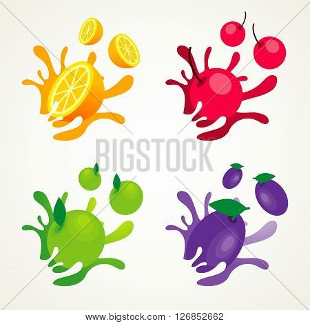 fruit splash drops juice element sign set