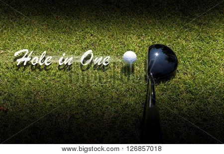 Golf driver driving ball with Hole-in-One caption