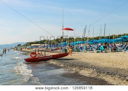 Vada Italy - June 29 2015: People resting on the coast of the Ligurian Sea (Pietrabianca Beach). Province Livorno Tuscany region of Italy