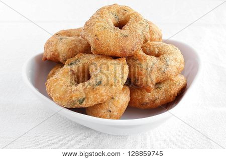Indian food medu vada, also known as urad vada, a traditional and popular dish.