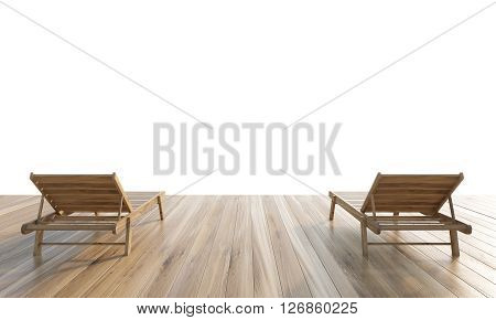 Two chaise longues on wooden ground isolated on white background. Mock up 3D Rendering