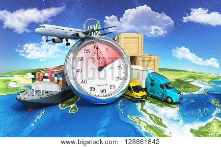 conceptual background of international deliveries different vehicles and stopwatch standing on a planet on the background of sky and clouds 3d illustrations
