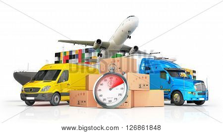 conceptual background of international deliveries different vehicles and stopwatch standing on white background 3d illustrations