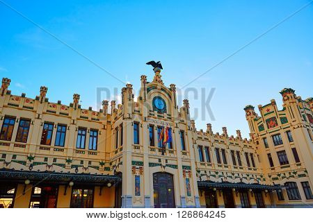 Valencia railway station facade North Estacio del Nord in Spain