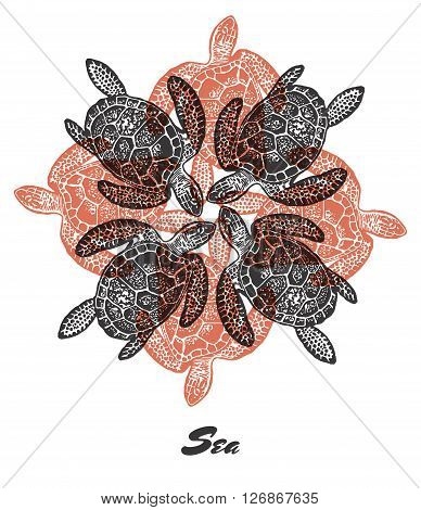 Vector Sea mood Engraved fractal outlet composition. Bright colored composition with sea turtlies