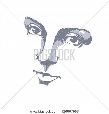 Black And White Illustration Of Lady Face, Delicate Visage Features. Eyes And Lips Of A Woman Expres