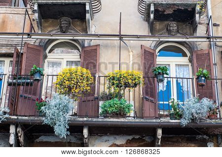 Balcony full of flowers in the erba square in Verona