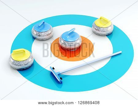Curling stones and brush on the ice. 3d render image.