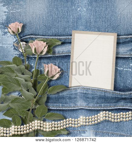Old Denim Background With Paper Frame, Pearls