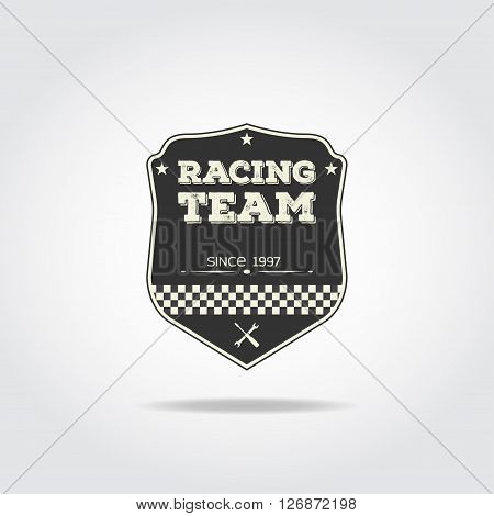 Simple black badge. Racing club emblem with flag and wrench.