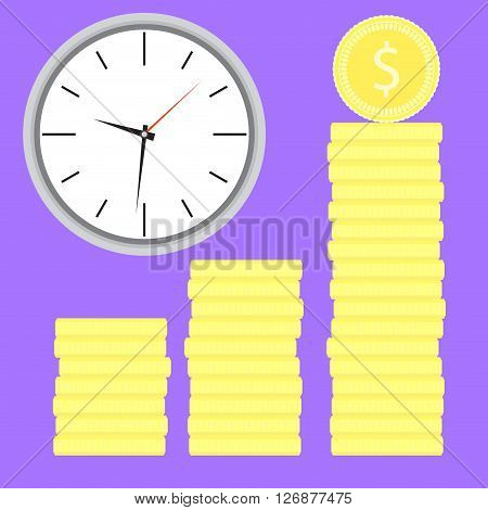 Time is money. Clock with coin stock. Money stock and time coin investment and clock banking. Vector flat design illustration