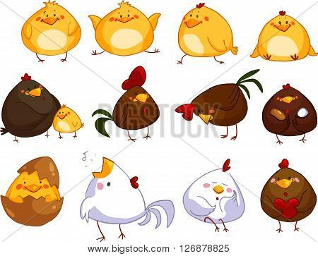 Set of cute cartoon chickens as a vector illustration