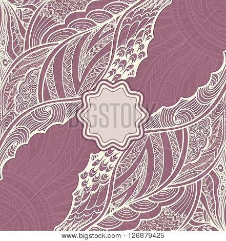 Template flyer or label  with Zen doodle or Zen tangle pattern in pearly and lilac colors for  decorate package clothes perfume cosmetic  or creative Post Card or Wedding invitation