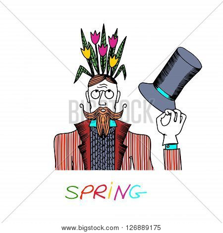 Cute illustrations greeting cards. A magician with flowers on his head.