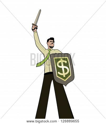 A businessman with a sword and a dollar shield