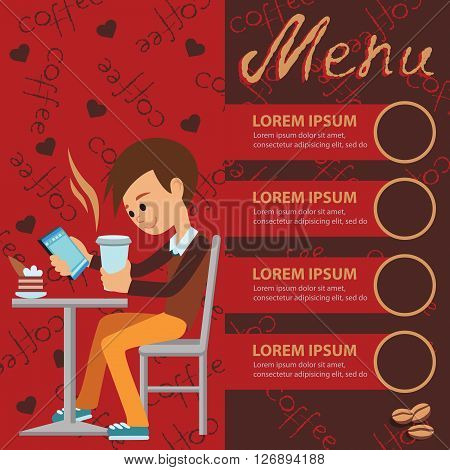 Vector illustration of template for menu, brochure, flyers for a cafe or restaurant with a picture of a young boy sitting at a table drinking coffee and using tablet.