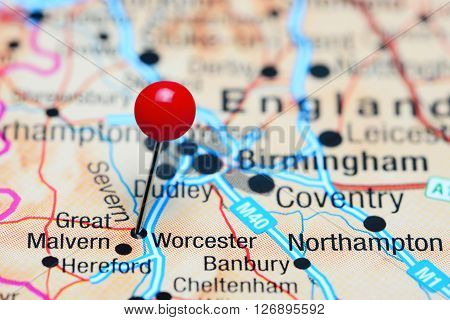 Worcester pinned on a map of UK