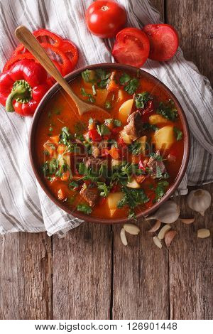 Tasty Hungarian Goulash Soup Bograch And Ingredients. Vertical Top View