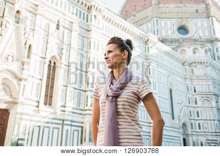 Young Woman Tourist Standing Near Duomo In Florence, Italy